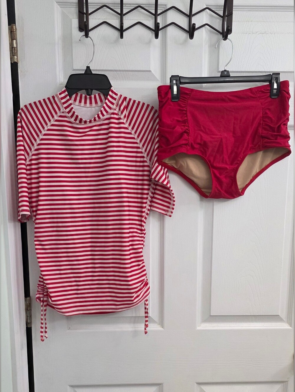 JESSICA REY Striped Red & White Rash Guard with High-Waist Bottom LARGE